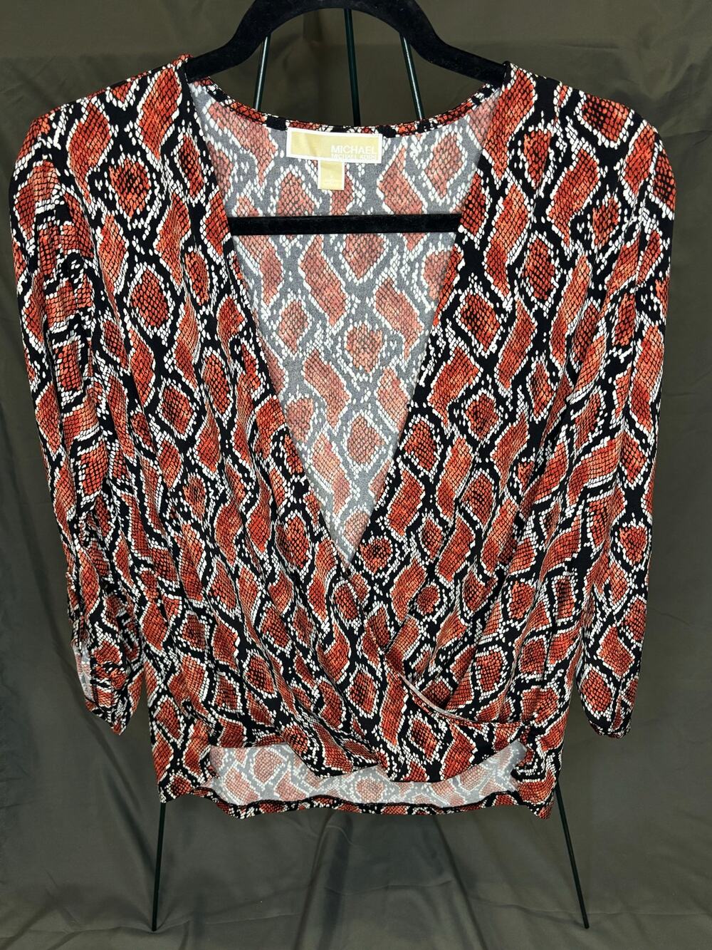 MICHAEL Michael Kors Womens L Orange Snakeskin Print Faux Wrap Blouse Top